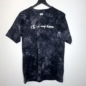 Black Tie-dye Champion Short Sleeve Tee with Brand In Reflective Silver Printed